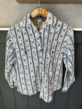 Sugar Co Ltd White Cotton Button Up Top Navy Botanical Print 100% Cotton sz M